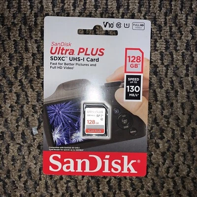 SanDisk Ultra Plus 128GB 130MB/s SDXC UHS-I Memory Card SEALED NEW  - Image 1 of 2