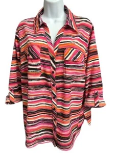 Coral Bay Woman 1X Top Fancy Pink Orange Striped Button Up 3/4 Roll Tab Sleeves - Picture 1 of 6