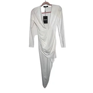 NWT Missguided Long Sleeve Asymmetrical Low Cut V Neck Bodycon White Dress 2 - Picture 1 of 6