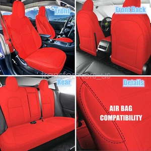 For 2017-2023 Tesla Model 3 Front & Rear Seat Cover Set Perf Leather Cushion Red - Picture 1 of 14