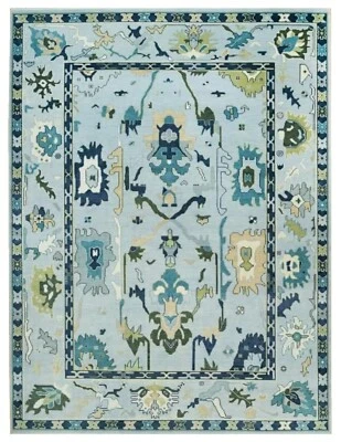Modern Oushak Turkish Hand Knotted Sky Blue Wool 10x14 Area Rug for Living Room - Image 1 of 4