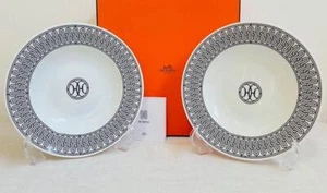 Hermes Soup Plate H Deco White Tableware Dish 2 set Dinner Tray Auth New 9.0 in - Picture 1 of 8