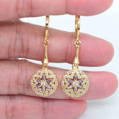 Pendientes colgantes de oro amarillo de 18 quilates rellenos de moda para mujer topacio rojo estrella cúpula joyería Foto 1 de 3