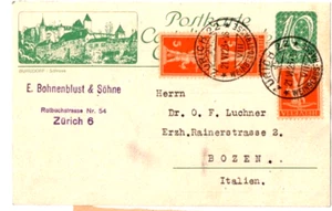 SCHWEIZ Bild-Postkarte Bild: BURGDORF 10 C. + 162 x (3); ZÜRICH - BOZEN; 1923 - Picture 1 of 1