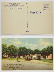 SMITH'S MODERN CABINS Shell Service Station Gas Pumps Jacksonville IL Linen PC - Picture 1 of 1