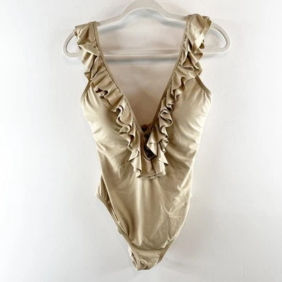Maiô Michael Kors mergulho babado acabamento costas abertas uma peça dourado bronzeado 14 - Imagem 1 de 4