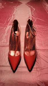 Nine West NW Fishnet Red Patent Stiletto Heels Pumps T-Strap Size 12M - Picture 1 of 8