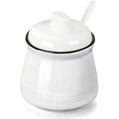 Porcelain salt bowl with lid and spoon,ceramic sugar bowl 12oz (white) - Image 1 of 4