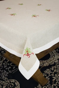 White and Natural Holiday Holly Embroidered Tablecloth – 4 Size Options - Picture 1 of 2