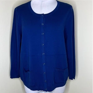 Talbots Pima Cotton Cardigan Sweater XL Blue 3/4 Sleeve Knit Button Minimalist - Picture 1 of 8
