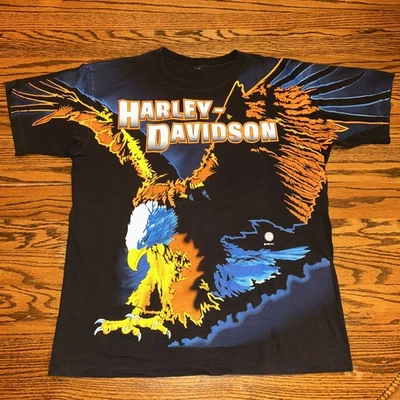 Harley Davidson Eagle All Over Print T Shirt Mens L/XL 1995 AOP Fade Distressed - Image 1 of 4