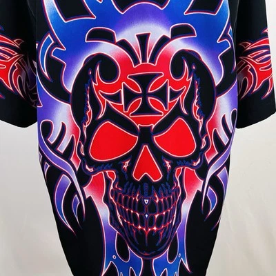 Dragonfly Clothing Co XL Short Sleeve Lounge Shirt Skull Tribal Tattoo Black Red - Image 1 of 4