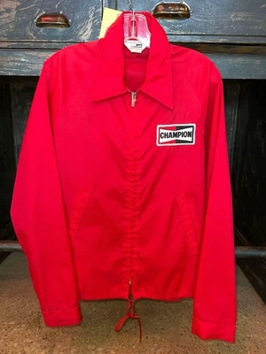 Vtg 60s 70s CHAMPION Spark Plugs Official Nylon RACING JACKET Large  Red - Image 1 of 4