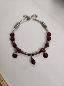 Ruby Red Glass Beaded Necklace w Silver Tone Metal Accents - Picture 1 of 6