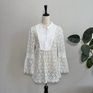 Sundance Floral Embroidered Daisies Sheer Tunic Blouse Bell Sleeves Ivory L - Picture 1 of 6
