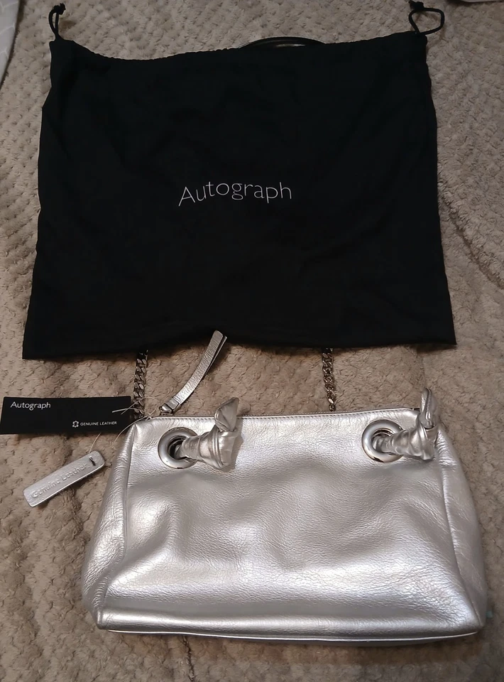 M&S Autograph Genuine Leather Silver Bag with Silver Chain - Image 1 of 4