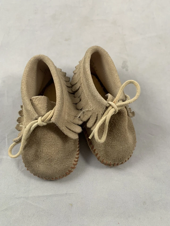 Minnetonka Mocasines Bebé Cuero Tostado Flecos Puntada Niño Niña Niño Pequeño Talla 1 Foto 1 de 4