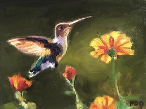 PDQ Artist Original Oil Painting Wildlife Hummingbird Impressionism Realism Art - Picture 1 of 1