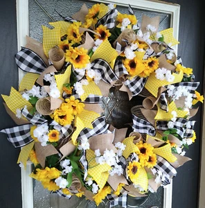 XL Black Yellow Sunflower Country Farmhouse Door Deco Mesh Wreath Farmhouse - Picture 1 of 6