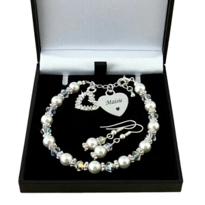 Personalised Wedding Jewellery Set, Pearl Bracelet with Engraving & Earrings, - Picture 1 of 19