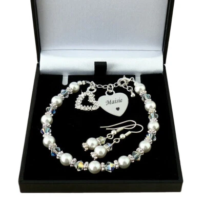 Personalised Wedding Jewellery Set,  Pearl Bracelet with Engraving & Earrings, - Image 1 of 4