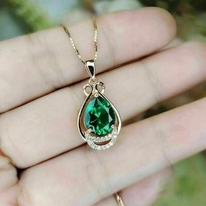 2Ct Pear Cut Lab-Created Green Emerald Pendant Necklace 14K Yellow Gold Plated - Picture 1 of 5