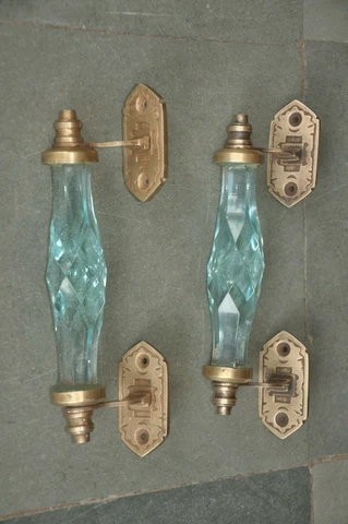 2 Pc Vintage Brass Blue Cut Glass Victorian Engraved Door Handles Cover