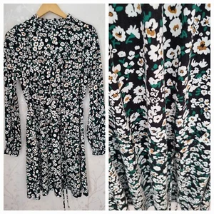 Boden Size 10 Floral Dress Tie Belt Ruffle Neck Long Sleeves Black White Green - Picture 1 of 20