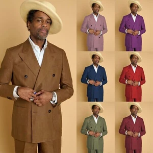 Trajes de lino para hombre doble botonadura pico solapa boda graduación esmoquin hombre blazers pantalón - Imagen 1 de 20