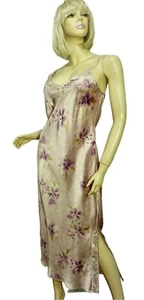 NWT $98 Cabernet Couture Long Nightgown SMALL Soft Taupe & Violet Floral Satin - Picture 1 of 12