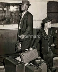 Vintage 1940's Reprint Photo Handsome African American Man with Boy & Suitcases - Picture 1 of 1