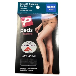 Peds Queen Size Black Silky Smooth Shaping Ultra Sheer Control Top Pantyhose NEW - Picture 1 of 4