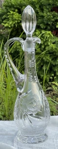 Vtg  24% Lead Crystal Decanter Imperlux Stopper, handle, spout ETCHED Flower 15" - Picture 1 of 16