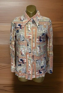VTG 70s Mod Asian MCM All Over Print Shirt Top Point Collar Silky Feel - Picture 1 of 13