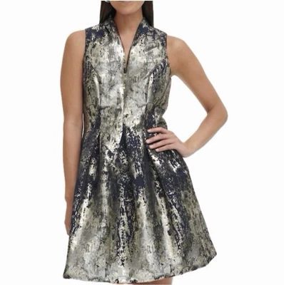 Vestido Vince Camuto Metálico Jacquard Ajuste Acampanado Azul Marino Dorado Forrado Plateado Talla 8 Foto 1 de 4