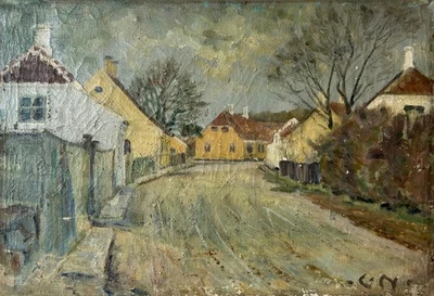 Ölbild Impressionniste Carl Neumann Rue Du Village Avec Maisons 28,5 X 41,5 CM - Photo 1/4
