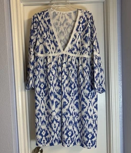 Blue & White Ikat Print Boho Tunic Dress Bell Sleeves Empire Waist Sz M - Picture 1 of 11