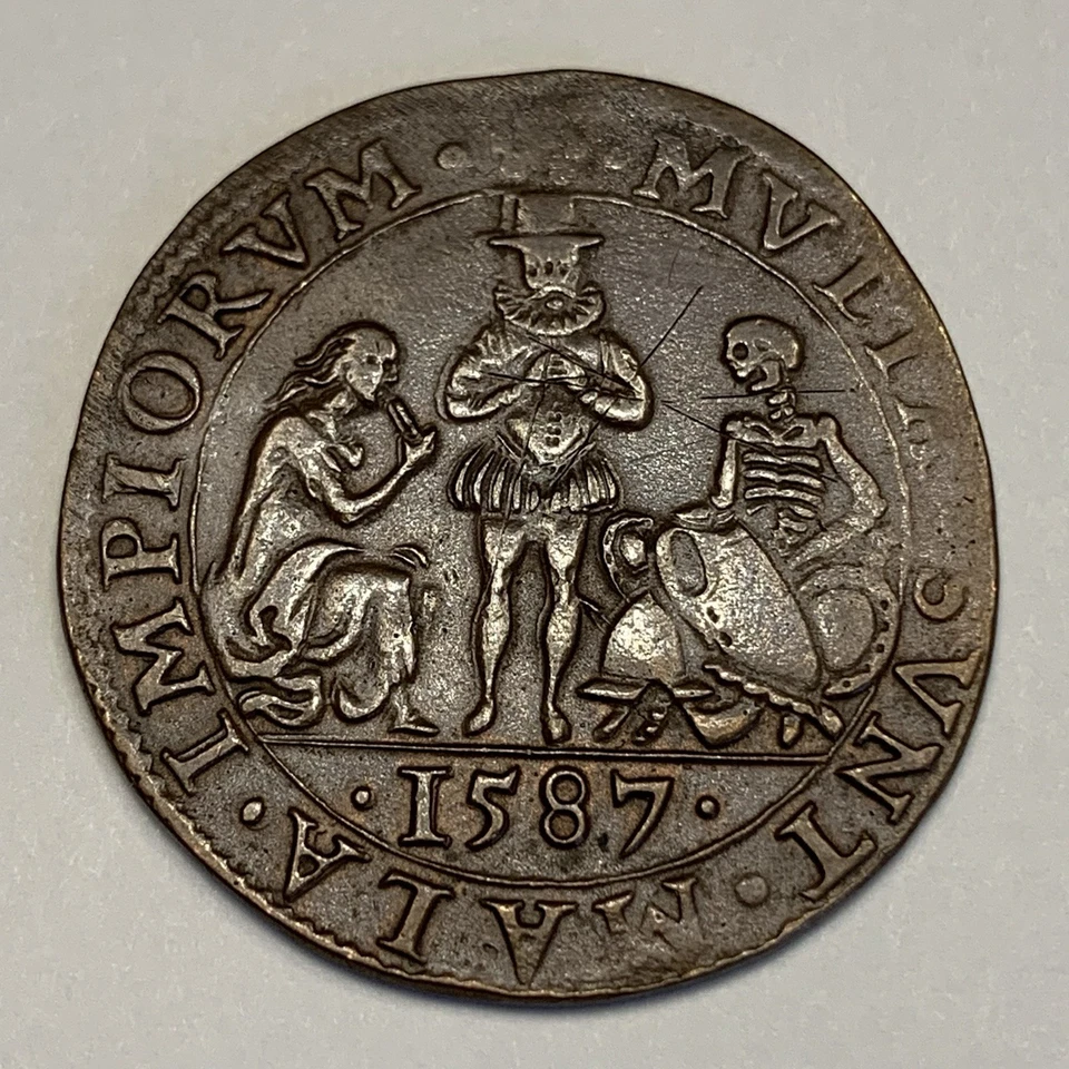 Moneda de cobre 1587 Países Bajos Dordrecht Jeton • Alegoría de la muerte años 1500 Foto 1 de 4