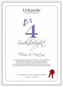 4. Hochzeitstag Seidenhochzeit Urkunde personalisiertes Geschenk zum 4 Jahrestag - Bild 1 von 7
