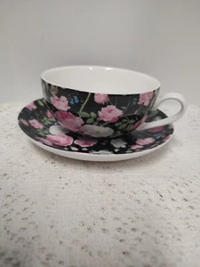 Stevhcol Gracie Bone China Black Floral Teacup And Saucer - Picture 1 of 7