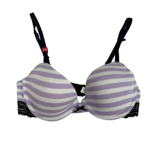 So Intimates Demi Underwire Jersey Bra Purple Stripe Bow Black Lace 34B - Picture 1 of 12