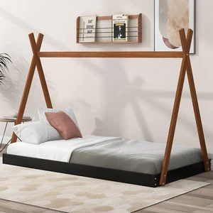 Modern Twin Size Tent Floor Bed Frame W/ Triangle Structure for Kids Black+Brown - Picture 1 of 11