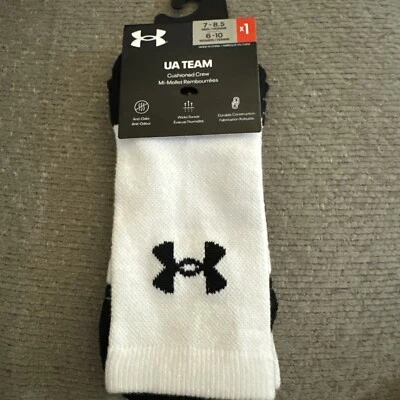 UNDER ARMOUR UA TEAM CUSHIONED CREW SOCKS MENS  WOMENS WHITE /BLACK - Image 1 of 2