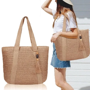 Large Straw Beach Bag for Women, Straw Tote Bag with Tassels, Woven Summer Handb - Picture 1 of 12