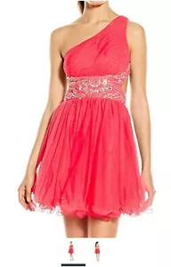 Junior's Asymmetry Short Prom Dress with Mesh Skirt, Watermelon,, pink 1 - Picture 1 of 2