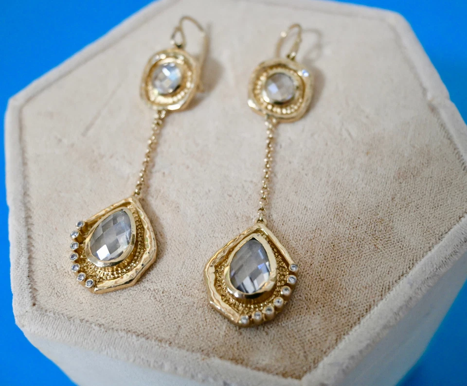 NWT $178 MELINDA MARIA *Memphis* Crystal Drop Earrings Art Deco 14k Gold Plated - Image 1 of 4