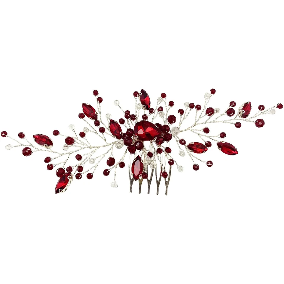 Bridal Wedding Hair Comb Wine Red Crystal Sliver Hair Vine Piece Accessories for - Image 1 of 4