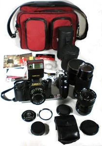 XNice+ CANON T50 35MM CAMERA w/ 50mm & 2 Zoom Lens, Flash, Caps, Bag, Manuals - Picture 1 of 18