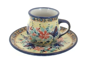 Taza y platillo espresso mariposa azul cerámica polaca rosa azul - Imagen 1 de 1