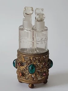Vintage Tschechisch 4 Glas Parfüm Flaschen Schmuck Messing Floral Ormola Caddy - Bild 1 von 20